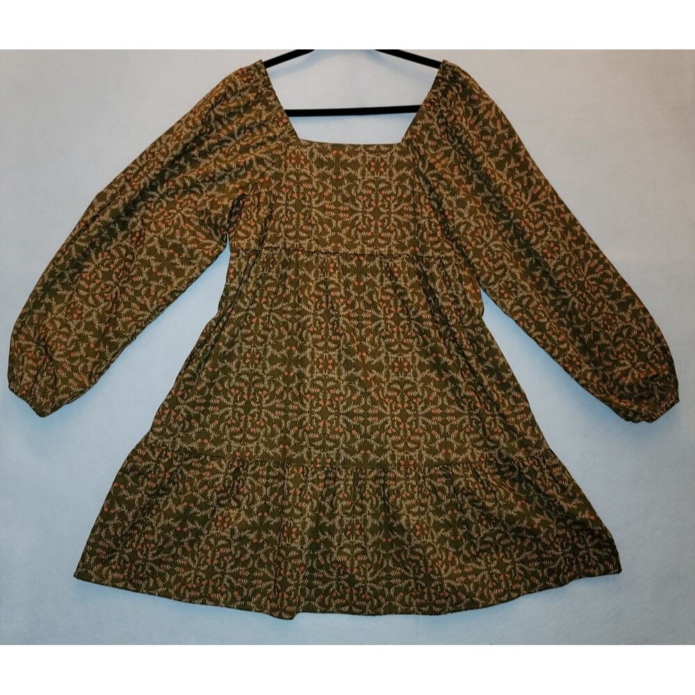 Universal Thread Olive Green Floral Smocked Tiered Mini Dress Boho Size Medium